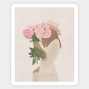 Girl with flowers, Peonies, Hat, Boho style art, Mid century art Sticker